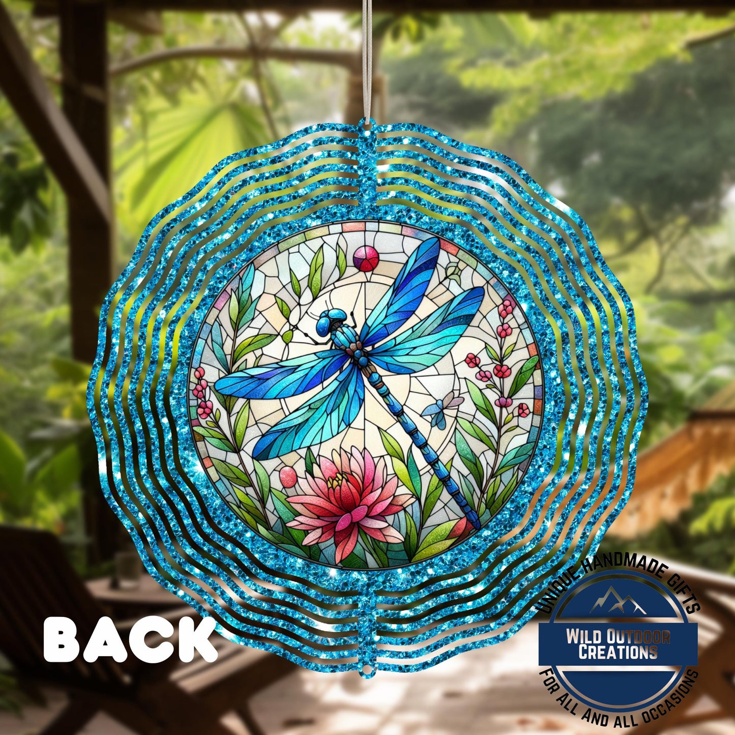 Dragonfly Wind Spinner - Vibrant Faux Glitter Stained Glass Garden Decor - product dimensions and specifications