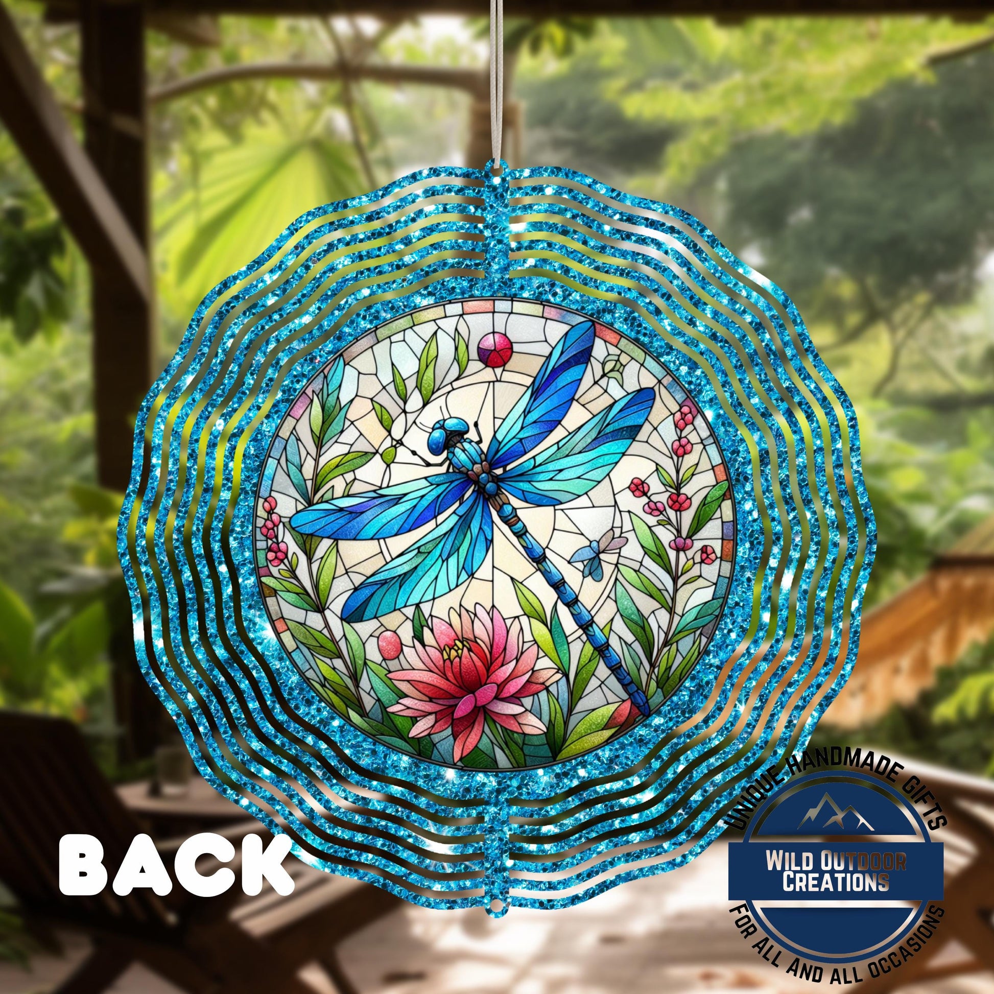 Dragonfly Wind Spinner - Vibrant Faux Glitter Stained Glass Garden Decor - product dimensions and specifications