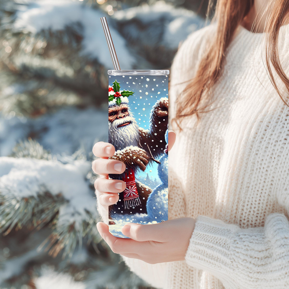 Bigfoot Tumbler, Sasquatch Santa Hat Scene, 20 Oz Skinny Wrap