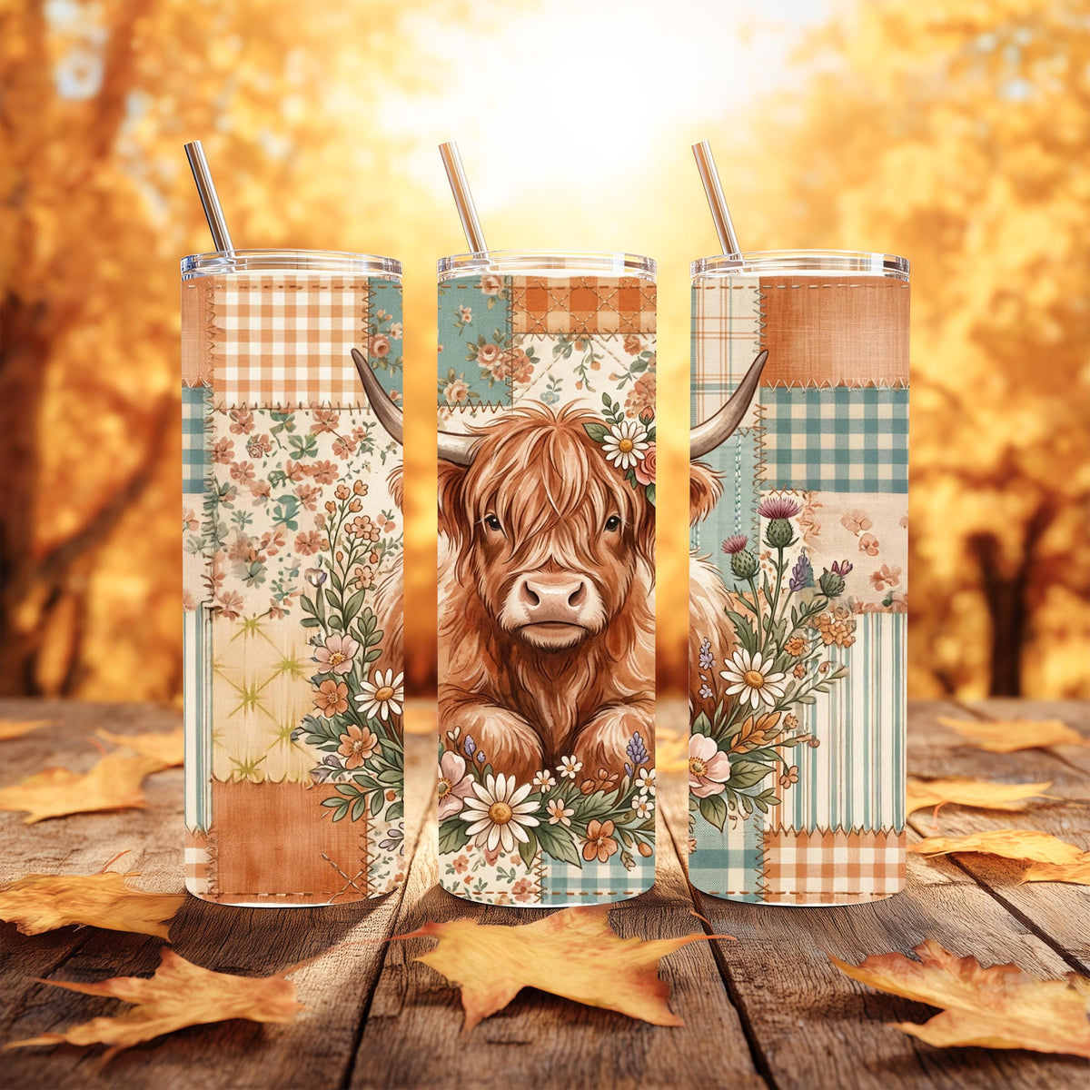 Highland Cow Tumbler | Floral Patchwork 20 Oz Skinny, Teal Peach Farmhouse