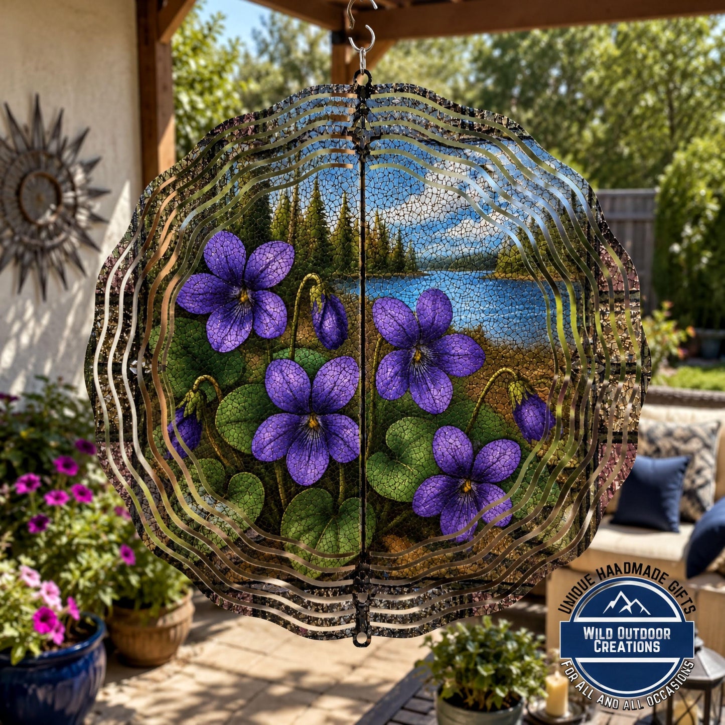 Wisconsin State Flower Wood Violet Wind Spinner Stained Glass Look Garden Decor 10 Inch