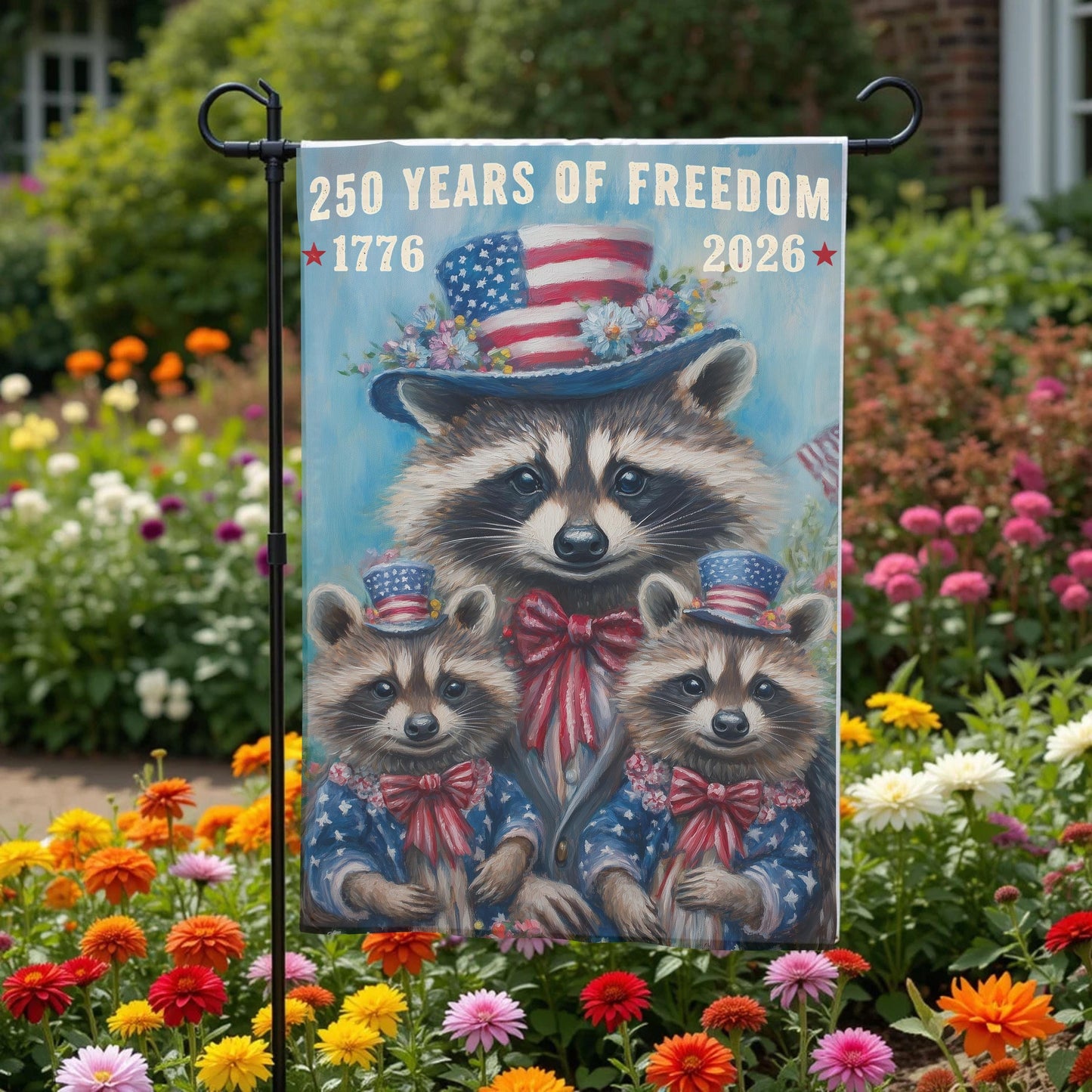 Patriotic Garden Flag - 250 Years Of Freedom Raccoon 12x18 Double Sided Sublimation