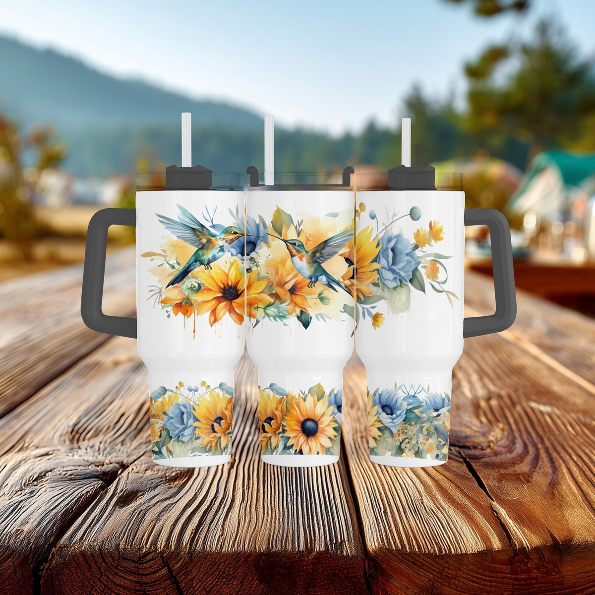40 Oz Tumbler, Hummingbird Sunflower Blue Floral Cup With Handle