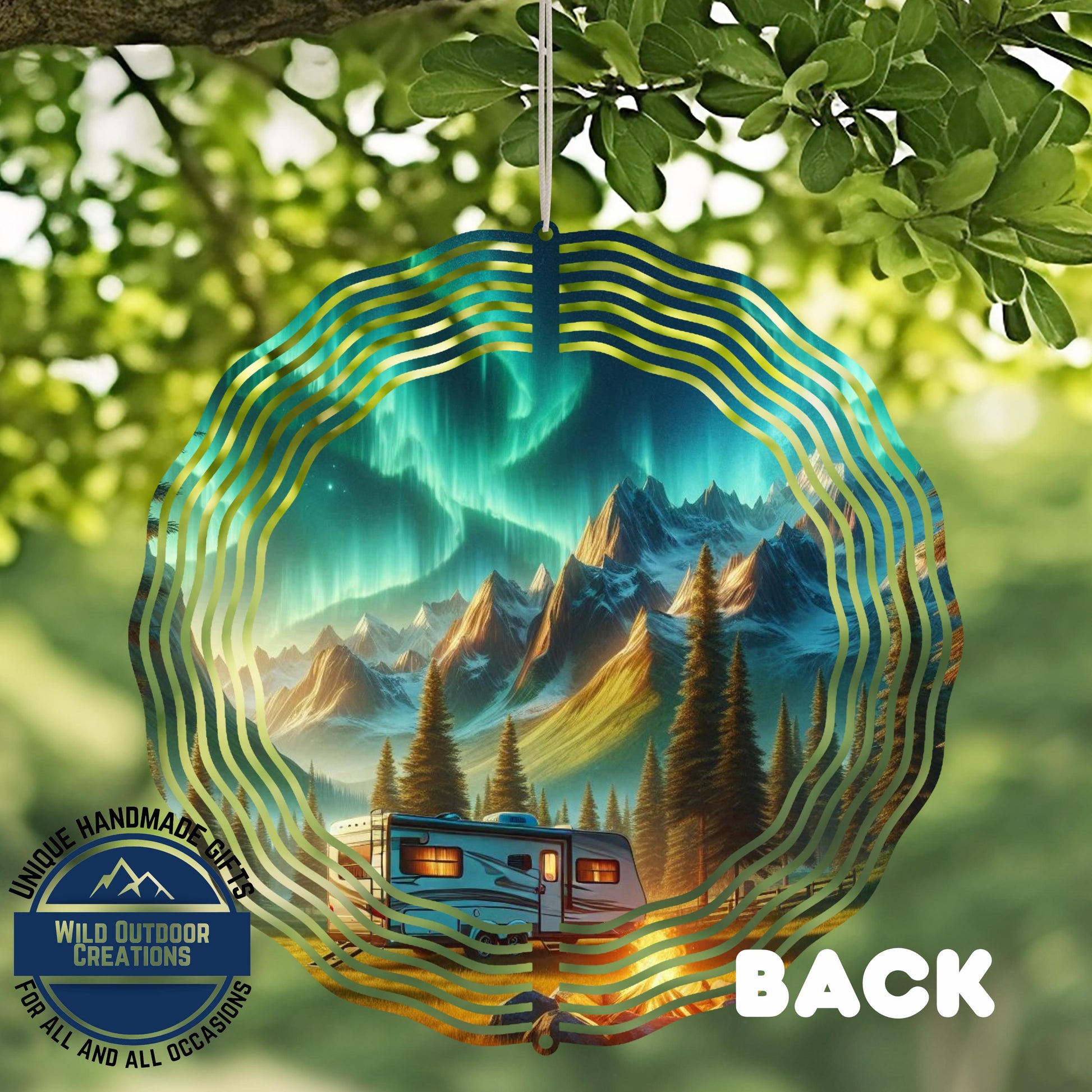 Northern Lights Wind Spinner - Double Sided Camping Spinner with Mountain Scene - close-up detail of design