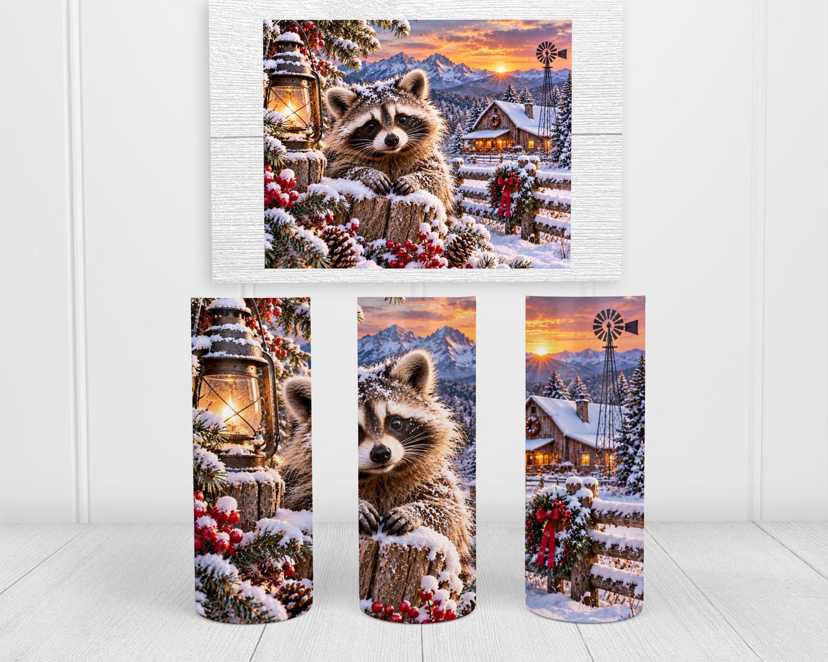 Raccoon Tumbler, 20 Oz Skinny, Snowy Cabin Lantern Holiday Gift