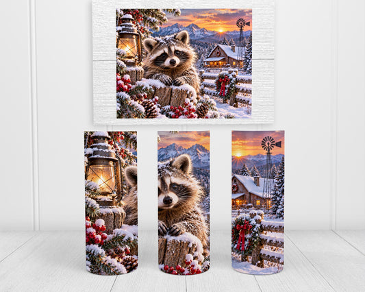 Raccoon Tumbler, 20 Oz Skinny, Snowy Cabin Lantern Holiday Gift