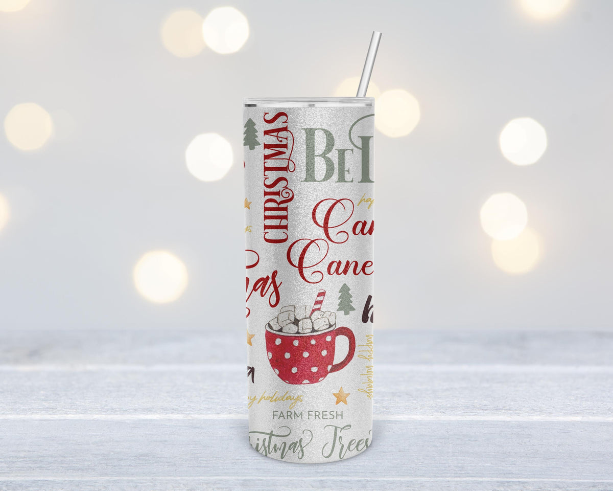 Christmas Tumbler Silver Glitter, Skinny 20 Oz, Santa Snowman Cocoa