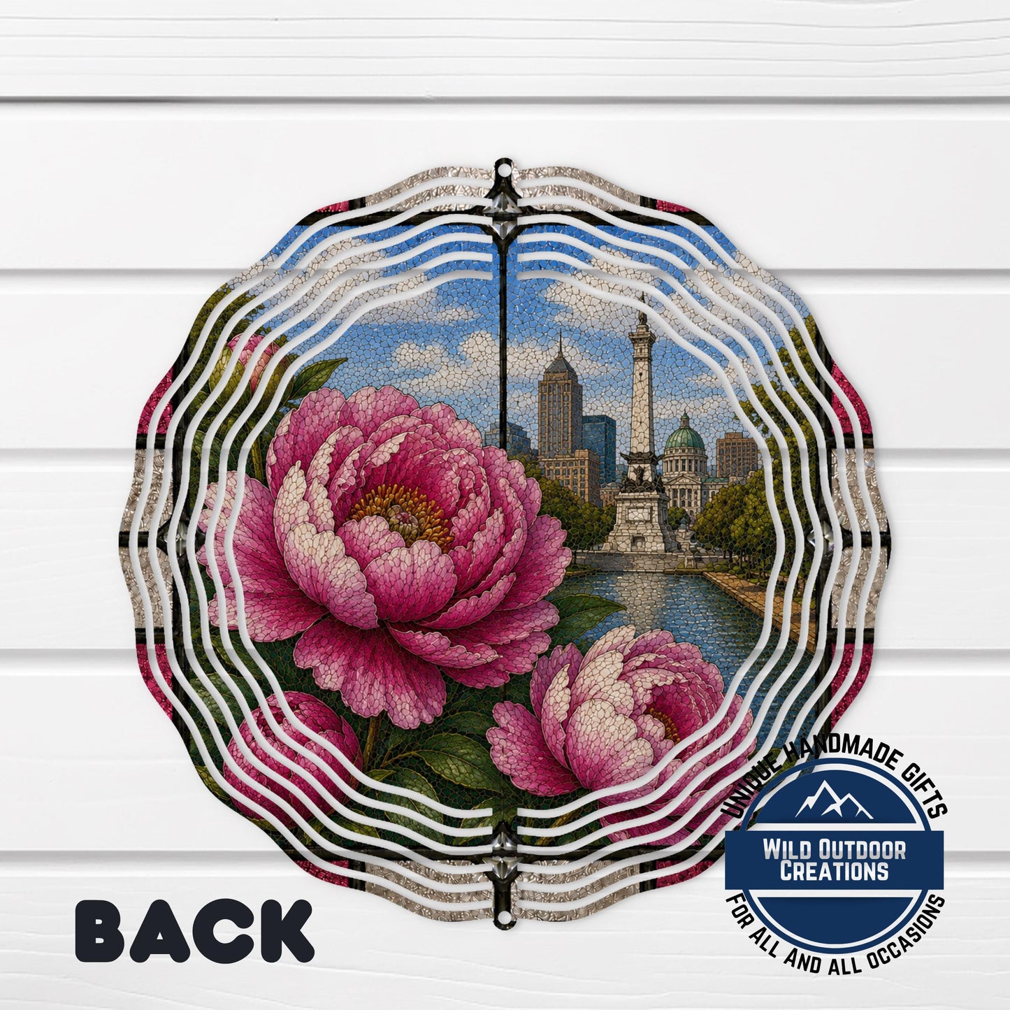 Peony Wind Spinner - Indiana State Flower Aluminum Garden Decor with Cityscape Art