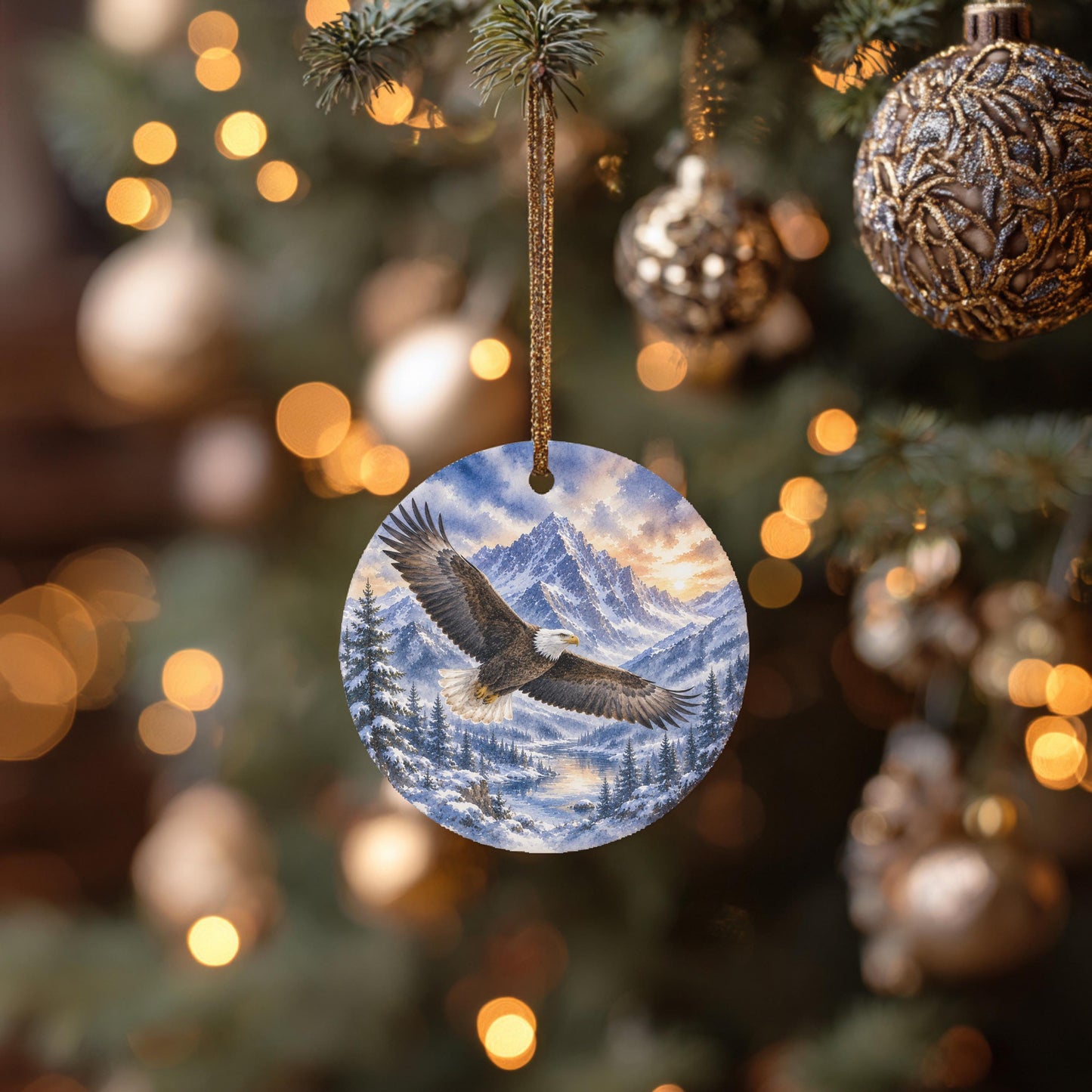 Bald Eagle Ornament, Watercolor Mountains, 3 Inch Ceramic Round