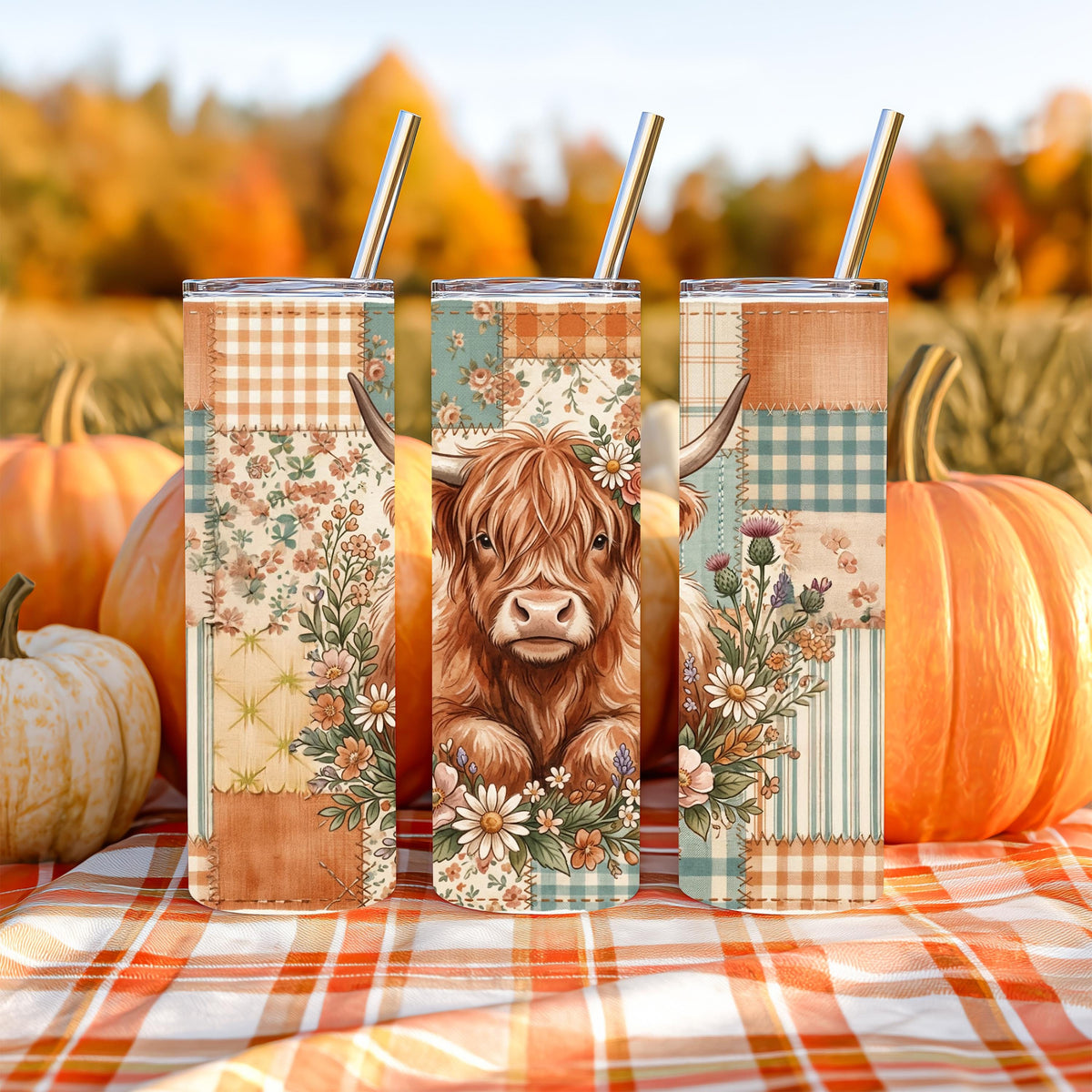 Highland Cow Tumbler | Floral Patchwork 20 Oz Skinny, Teal Peach Farmhouse