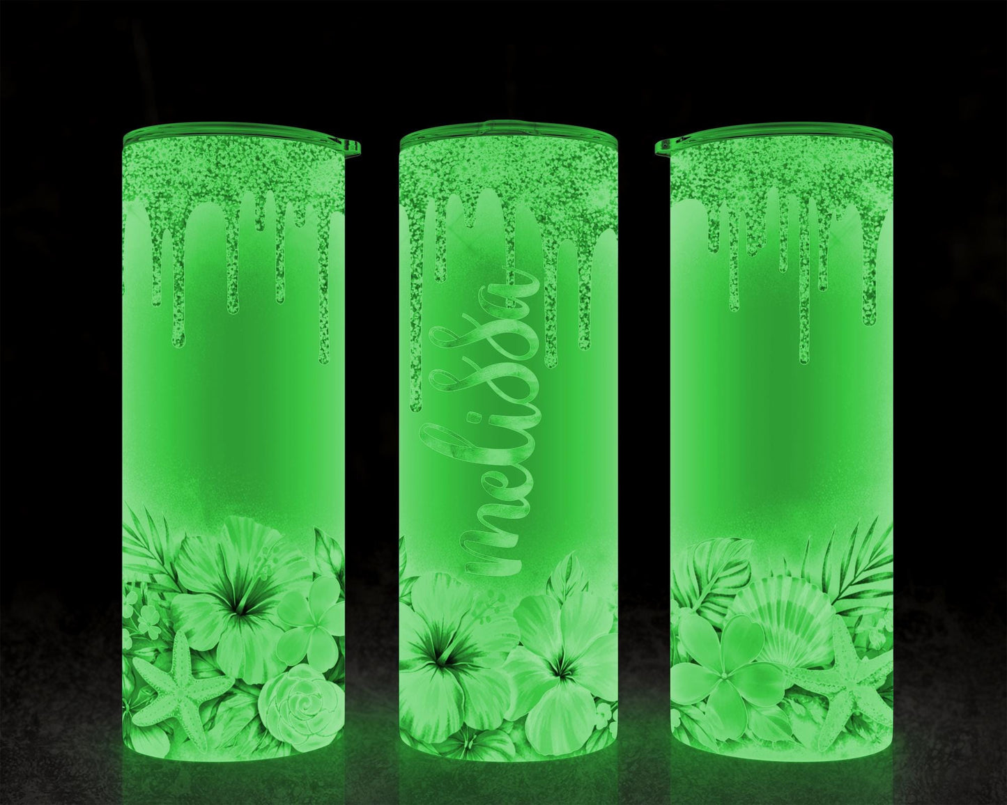 Personalized Tropical Tumbler - Double Wall Tumbler With Floral Beach Design & Glow Green - additional product photo 12