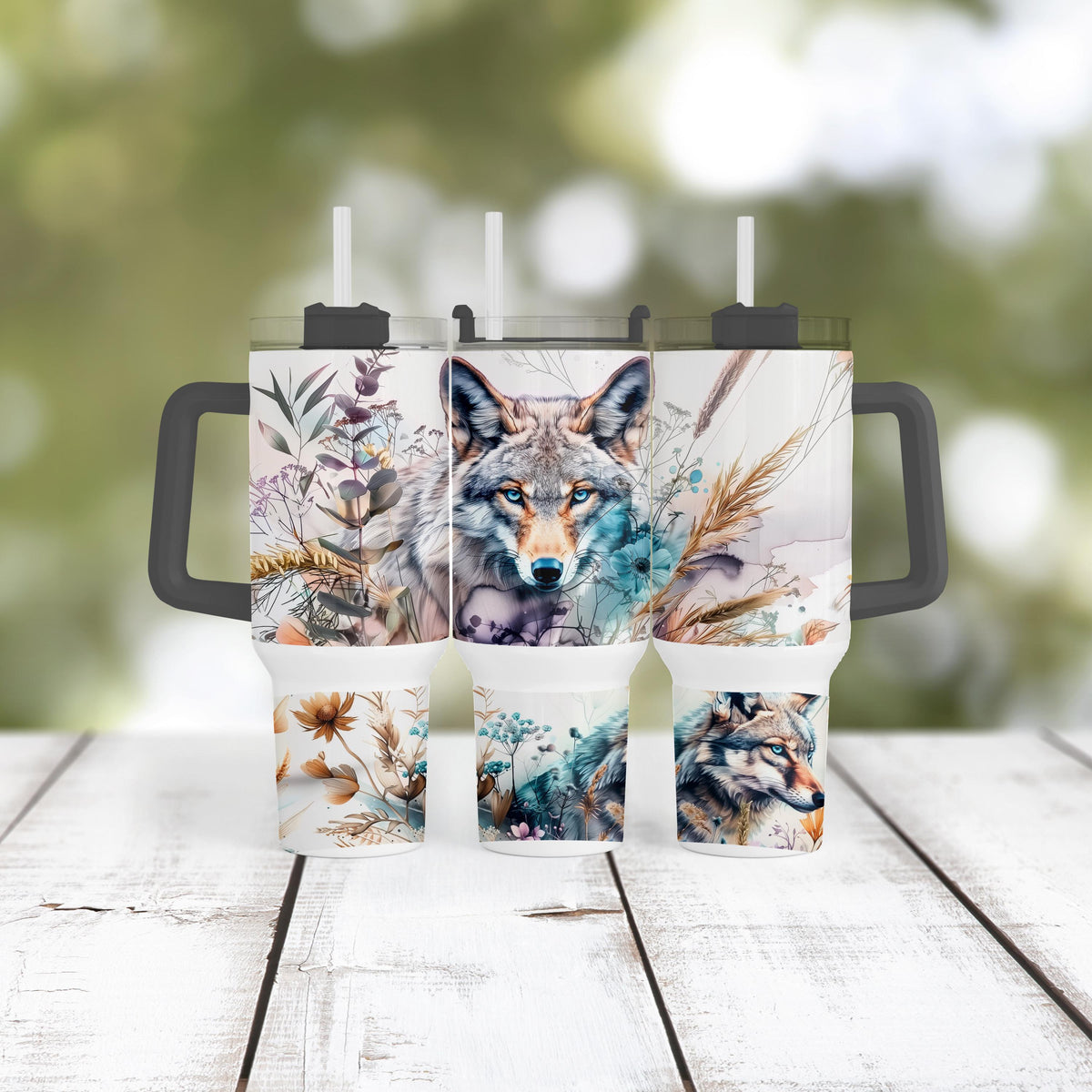 Boho Wolf Tumbler, 40 Oz With Handle, Wildflower Cup Gift For Her