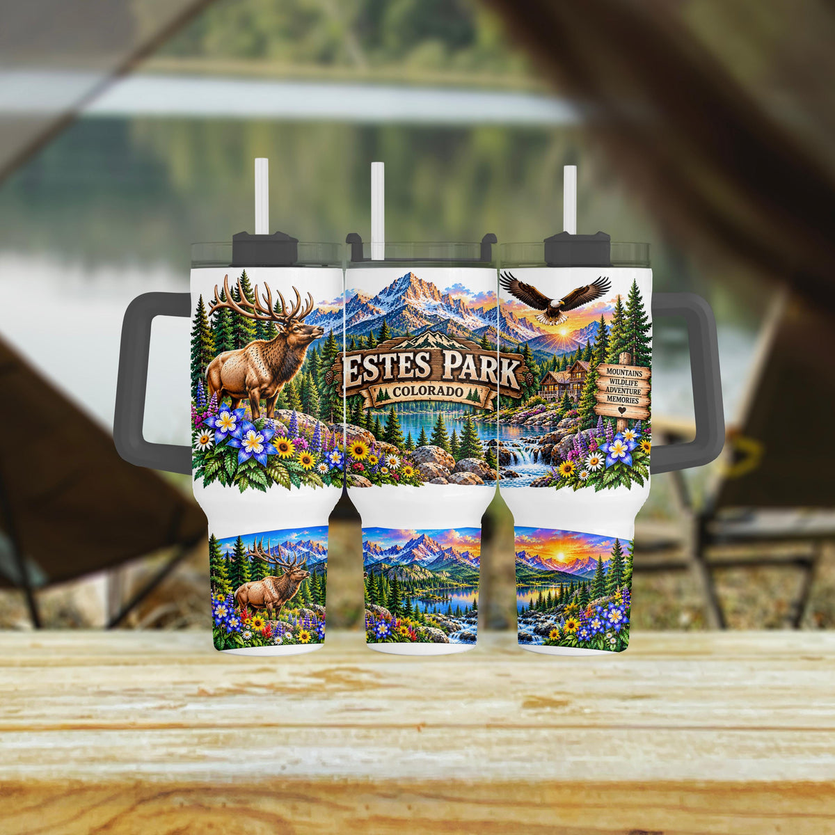 Estes Park Tumbler, 40 Oz Handle Cup, Elk Mountain Colorado Gift