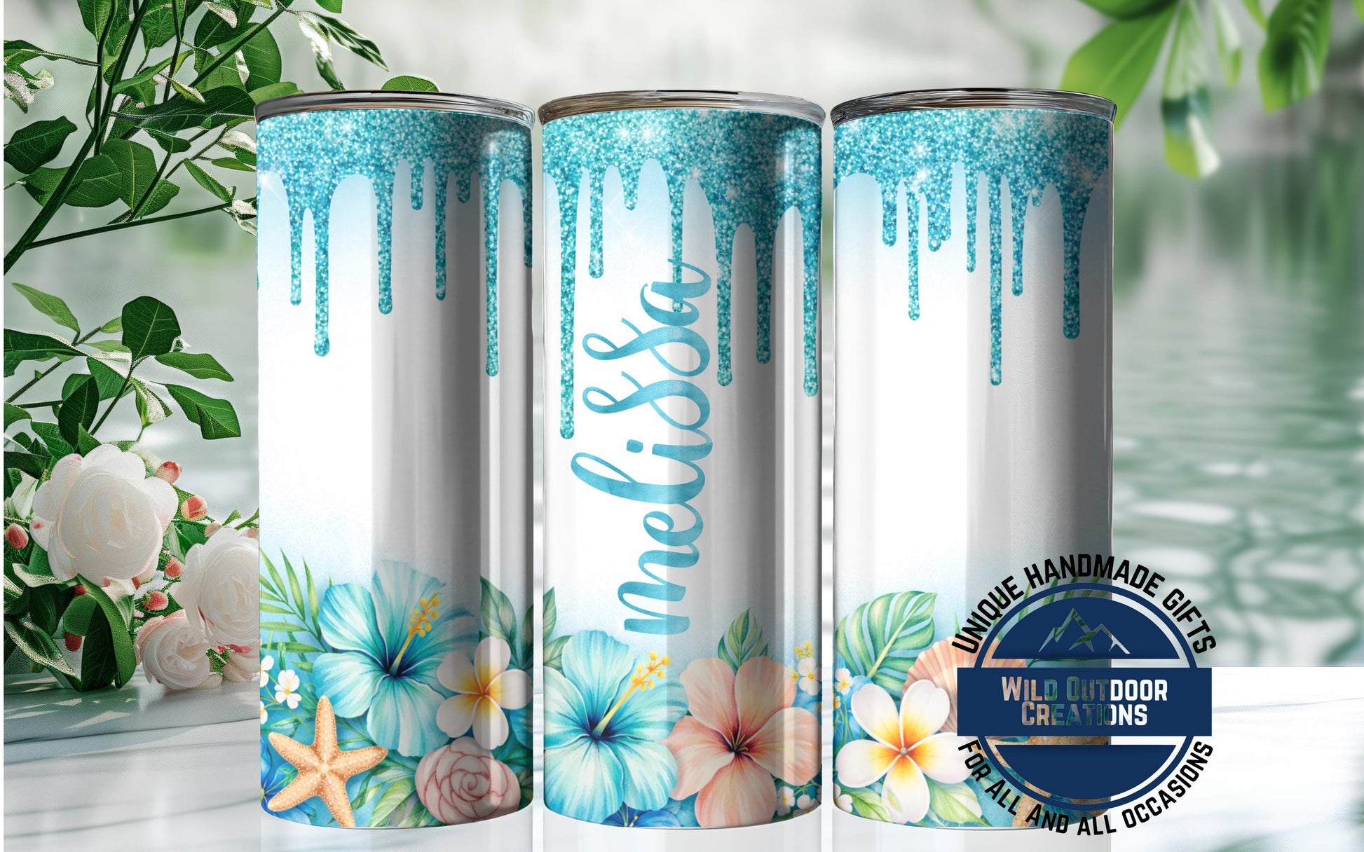 Personalized Tropical Tumbler - Double Wall Tumbler With Floral Beach Design & Glow Green - scale and size reference