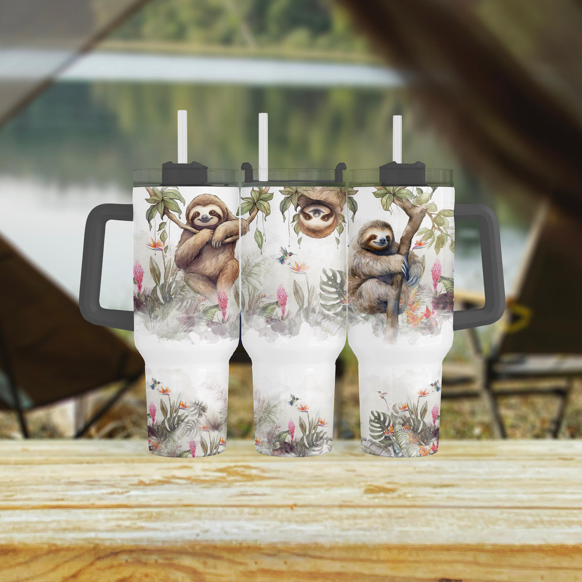 Sloth 40 Oz Tumbler With Handle, Tropical Jungle Floral Cup, Gift