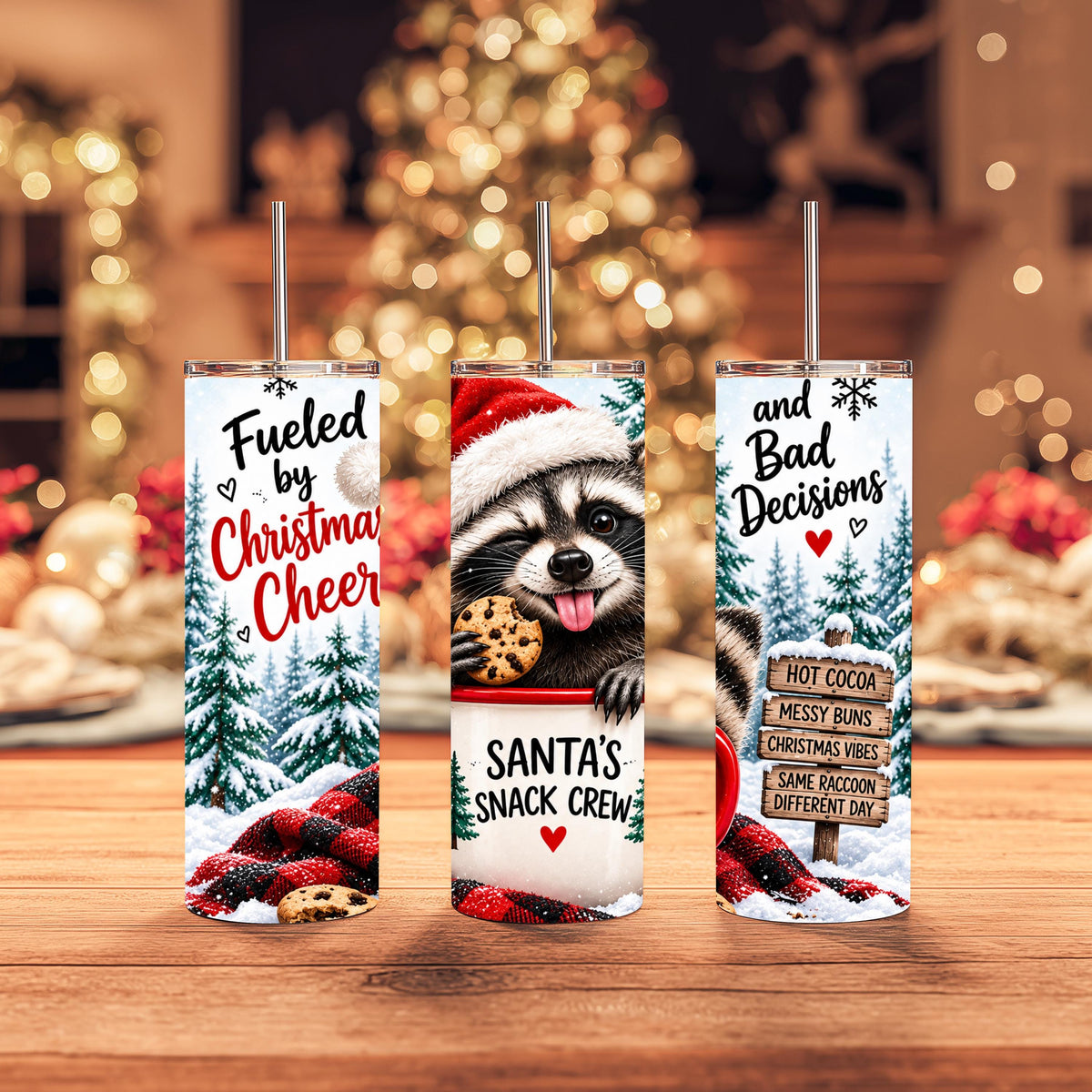 Raccoon Tumbler, 20 Oz Skinny, Buffalo Plaid Santa Hat Gift Cup