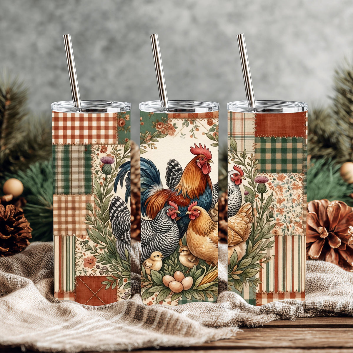 Chicken Tumbler, Rooster Hen Patchwork Quilt, 20 Oz Skinny Gift
