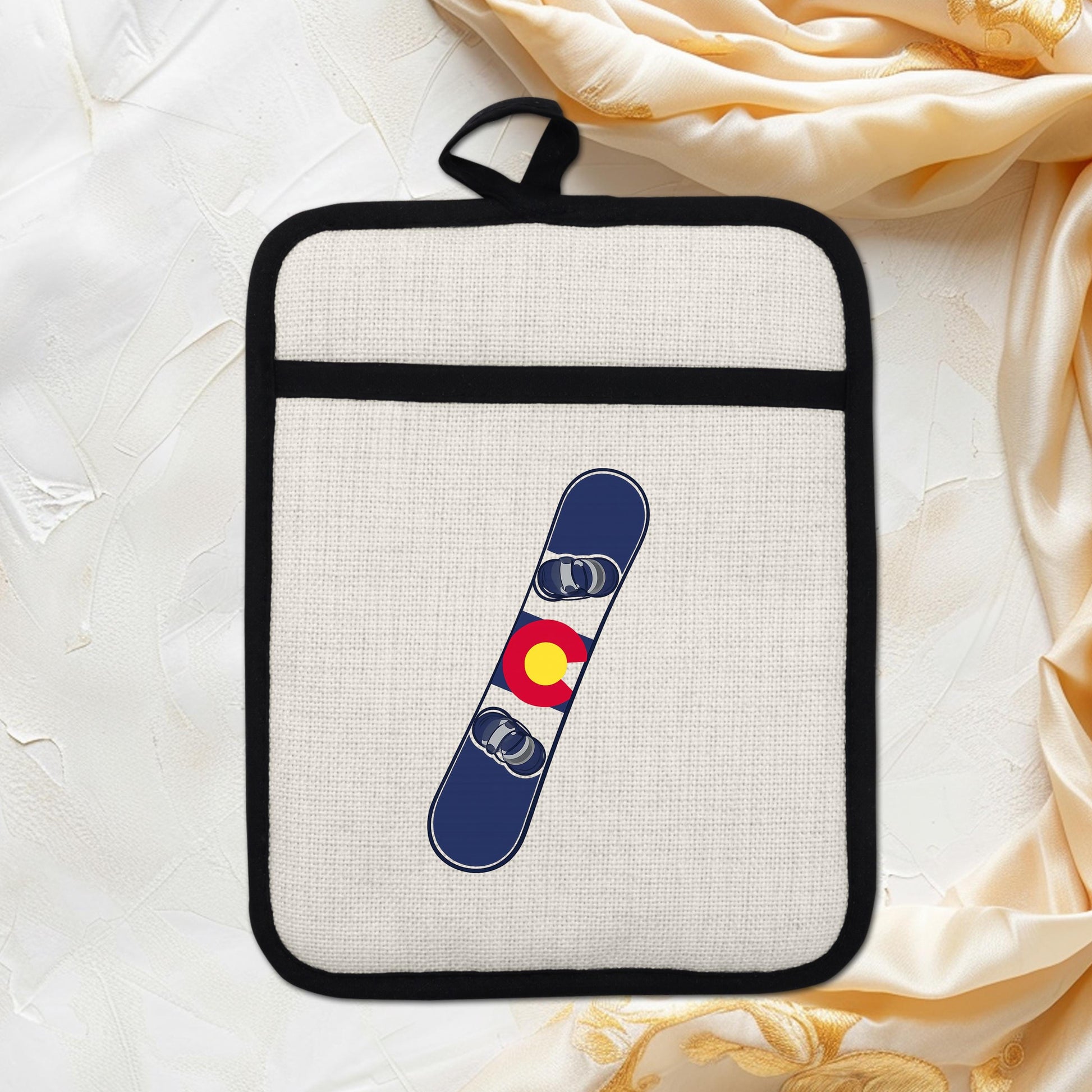 Snowboard Pot Holder - Colorado Flag Design | Linen Fabric & Silicone Backing Pad Trivet - additional angle