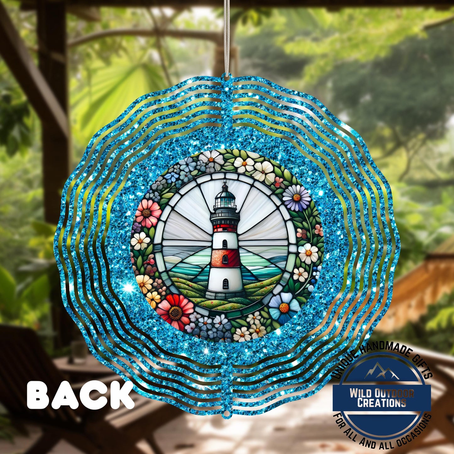 Coastal Lighthouse Wind Spinner – Aluminum Outdoor Garden Decor with Blue Glitter - scale and size reference