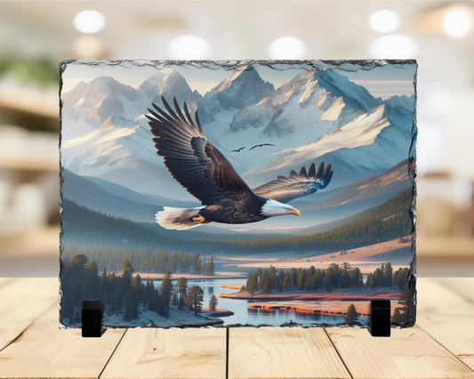 Eagle Photo Slate Art with River  Snow-Capped Mountains Landscape