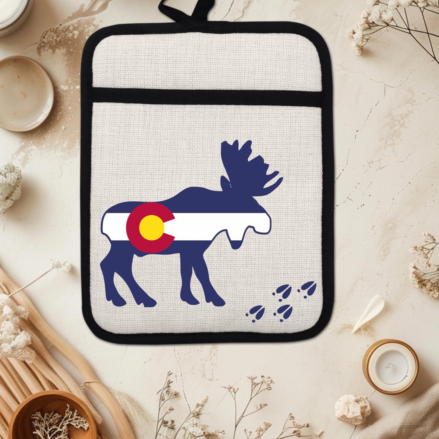 Colorado Moose Pot Holder - Heat Resistant Trivet with Silicone Back & Linen Fabric Front - detail view