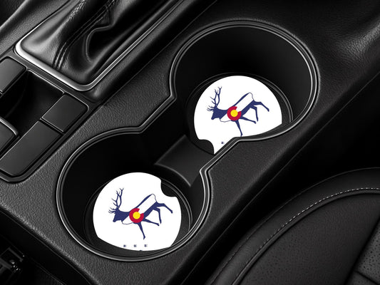 Colorado Elk Print Car Coasters, Sandstone Coasters for New Driver, Auto Coasters for Him, Car Cup Mats, Absorbent Mats, Cup Holder Mat