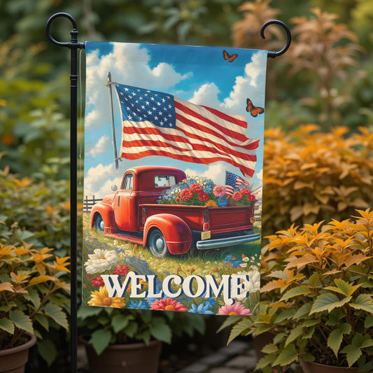 Welcome Garden Flag – Vintage Truck & Flowers | Double Sided Patriotic Decor