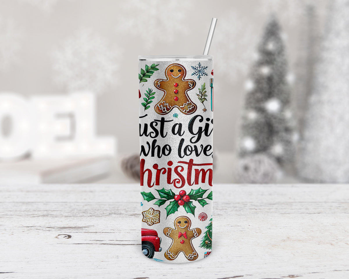 Christmas Skinny Tumbler | Just A Girl Who Loves Christmas, 20 Oz, Silver Glitter
