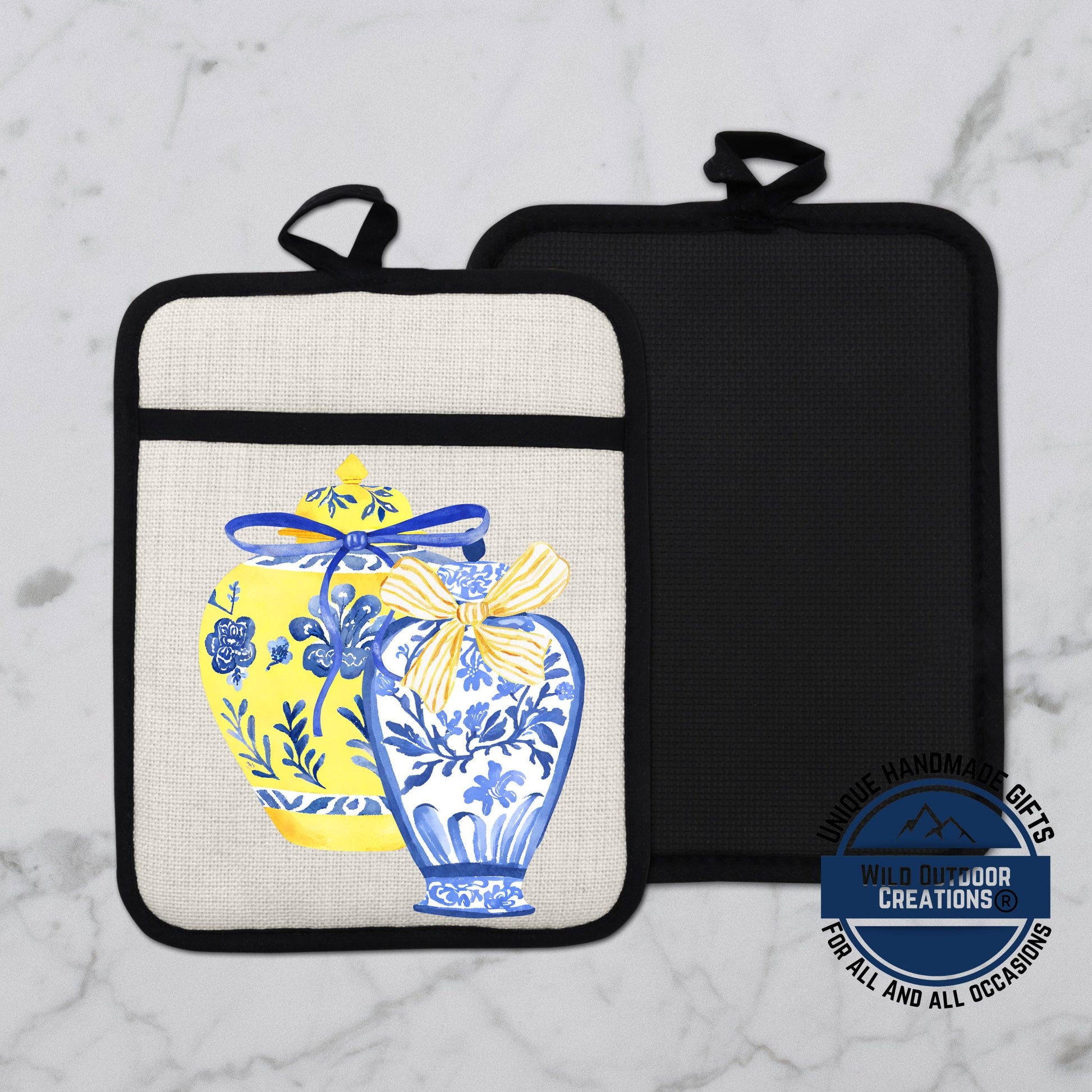 Chinoiserie Pot Holder – Blue Yellow Ginger Jar Linen Kitchen Accessory with Pocket - alternate view