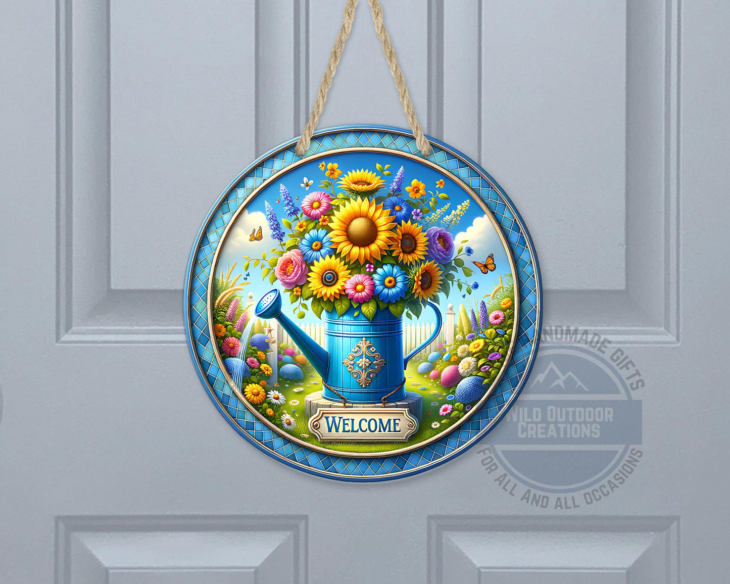Watering Can Welcome Sign – Round Aluminum Garden Door Hanger With Sunflower Decor - gift presentation view