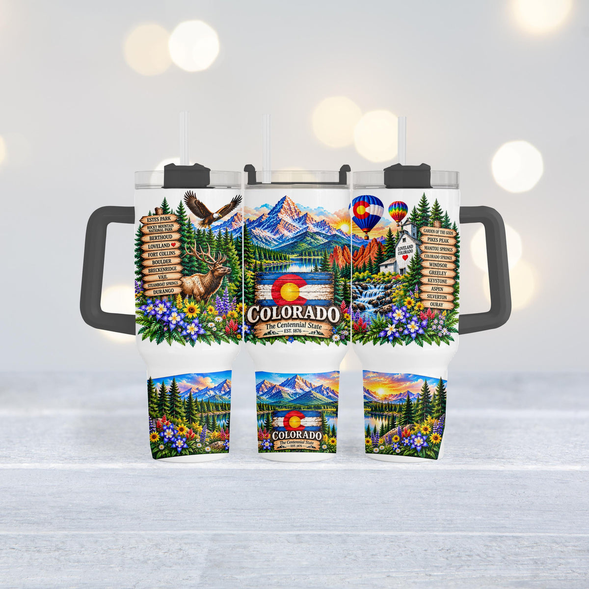 Colorado 40 Oz Tumbler, Handle, Elk, Columbine, Flag Gift Cup Set