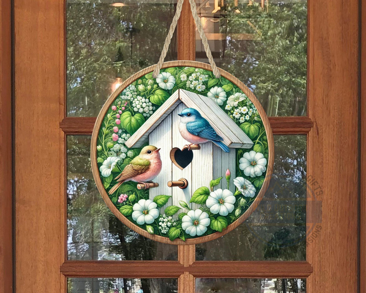 Birdhouse Door Hanger – Spring Door Decor with Songbird Porch Welcome Sign - scale and size reference