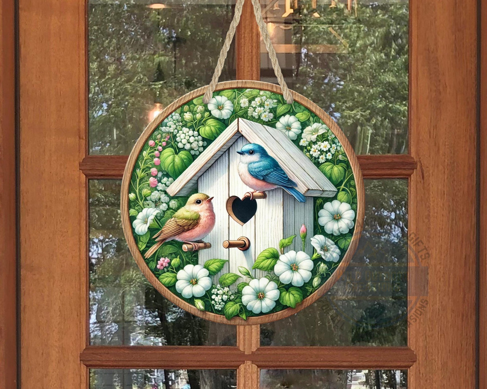 Birdhouse Door Hanger – Spring Door Decor with Songbird Porch Welcome Sign - scale and size reference