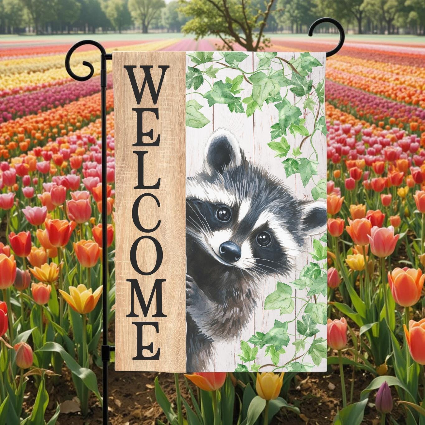 Welcome Raccoon Garden Flag – Rustic Woodland Yard Decor | Double Sided, UV Resistant - packaging and presentation