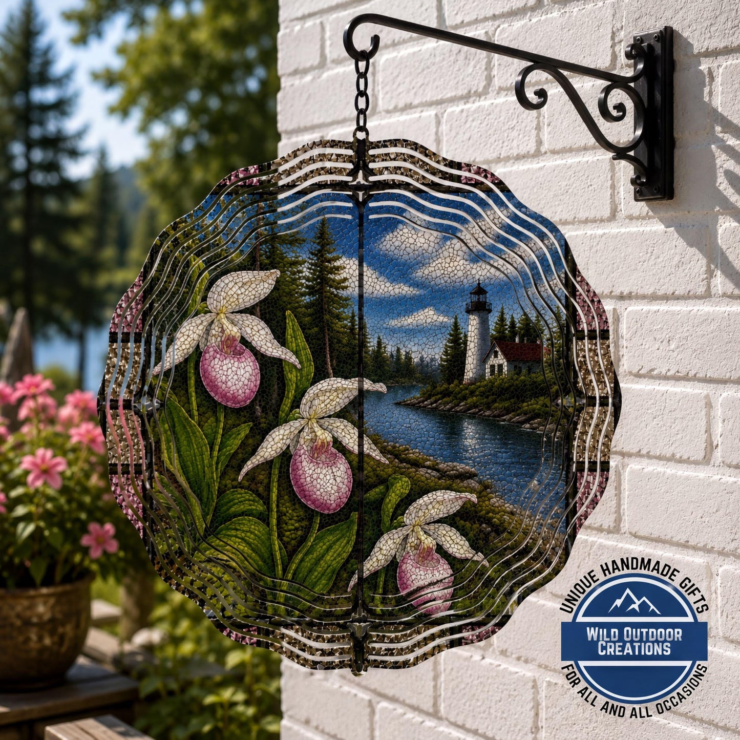 Minnesota State Flower Lady Slipper Wind Spinner Stained Glass Look Lighthouse Decor 10 Inch