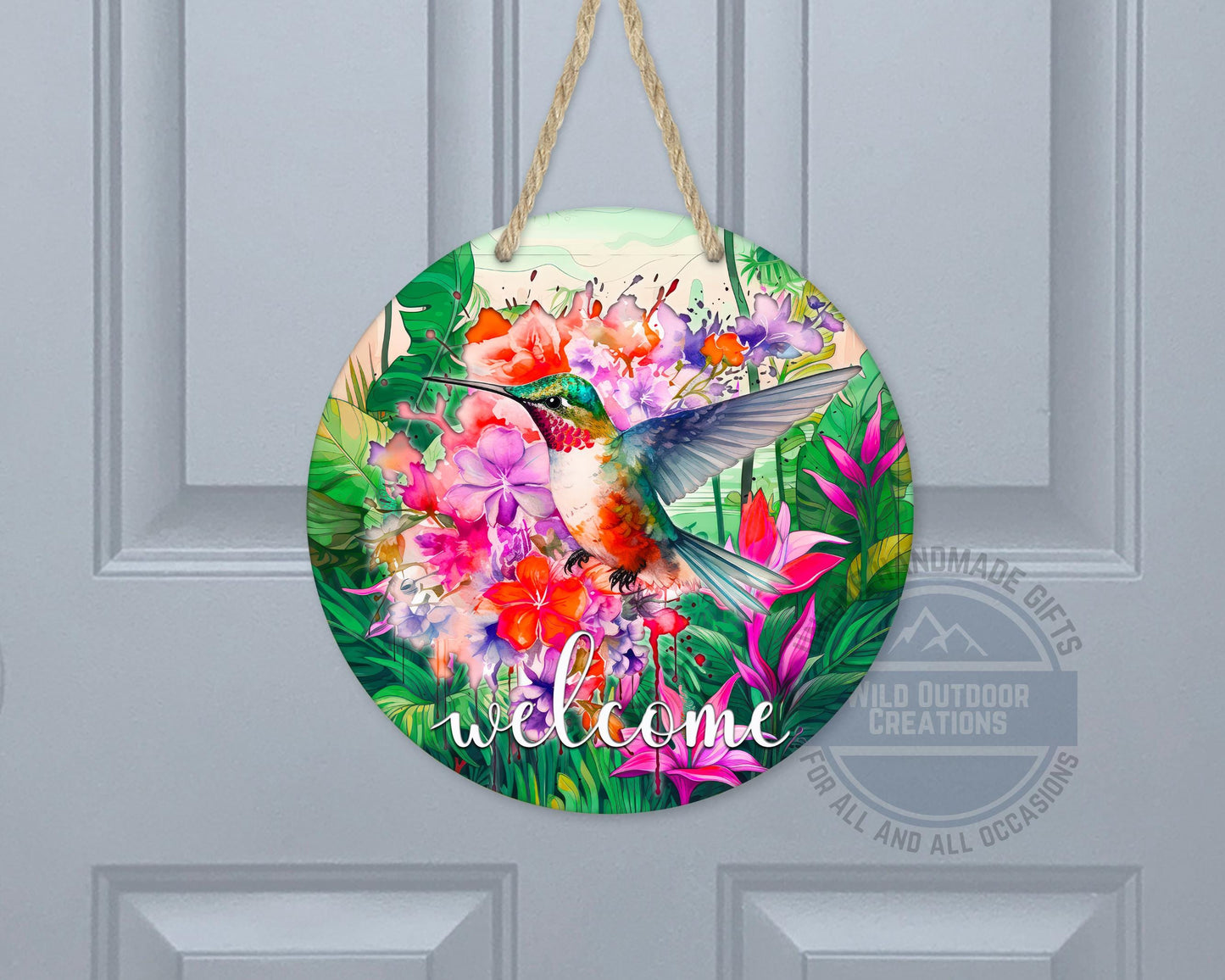 Floral Hummingbird Door Decor - Weather Resistant Garden Door Decor Sign - gift presentation view
