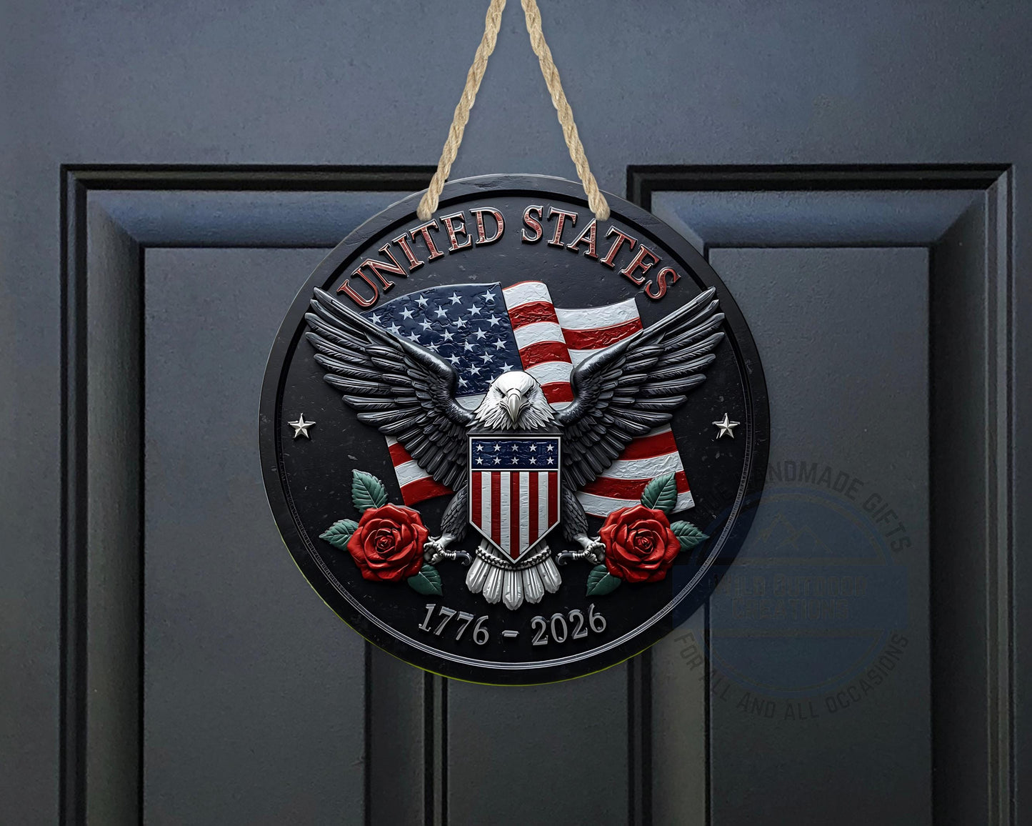American Eagle Door Hanger - Round Aluminum Patriotic Door Sign, Veteran Gift Idea - additional product photo 10