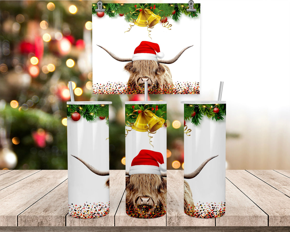 Christmas Cow Travel Mug, Highland Cow, 20Oz Stainless Straw Lid