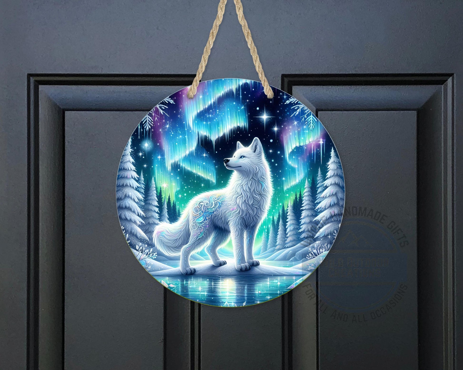 Wolf Door Hanger - Northern Lights Art | Rustic Cabin Sign, Outdoor Decor - additional product photo 10