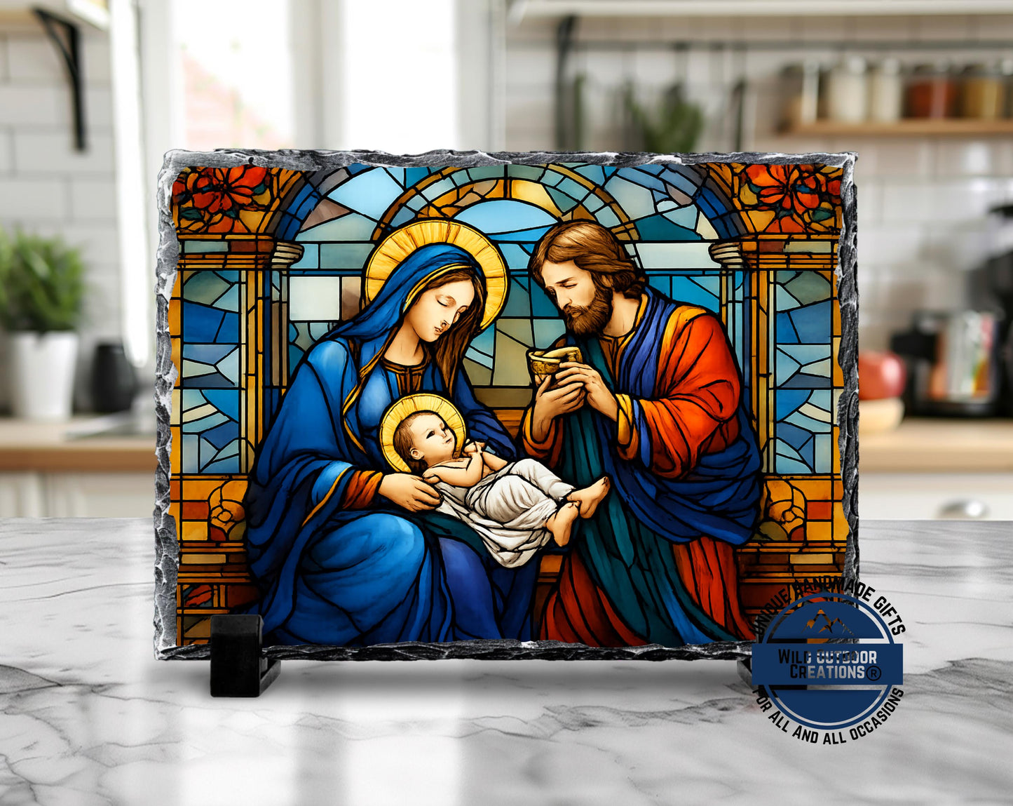 Holy Family Faux Stained Glass Slate Plaque, Mary Joseph Baby Jesus Religious Gift