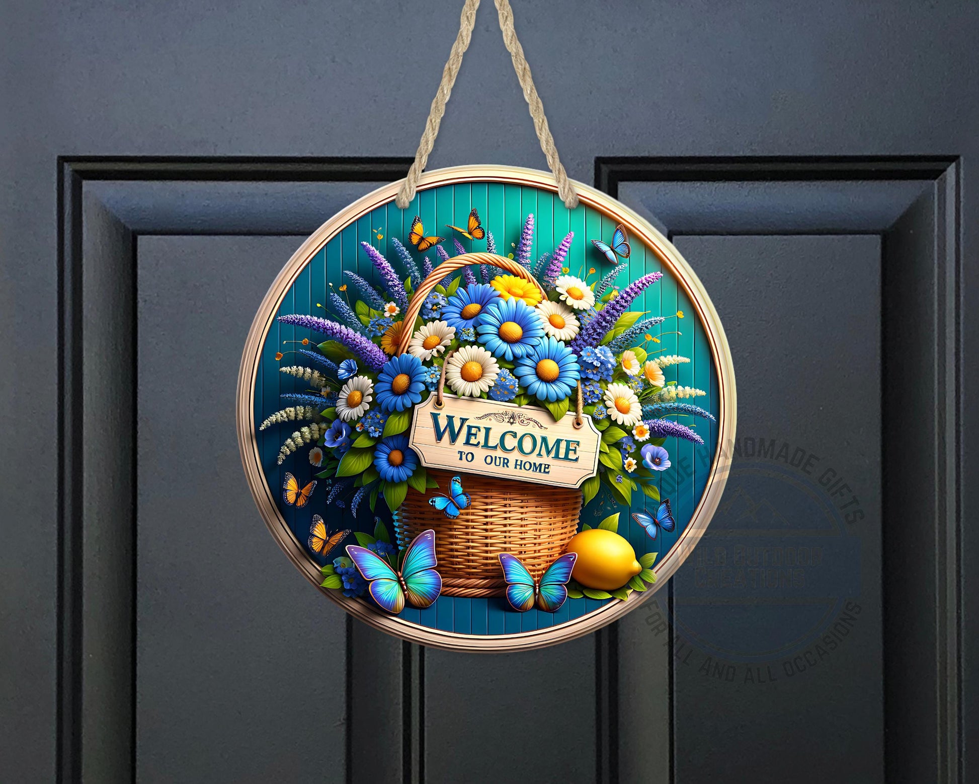 Welcome Door Sign – Blue Daisy Floral Basket | Outdoor Aluminum Porch Decor - additional product photo 10