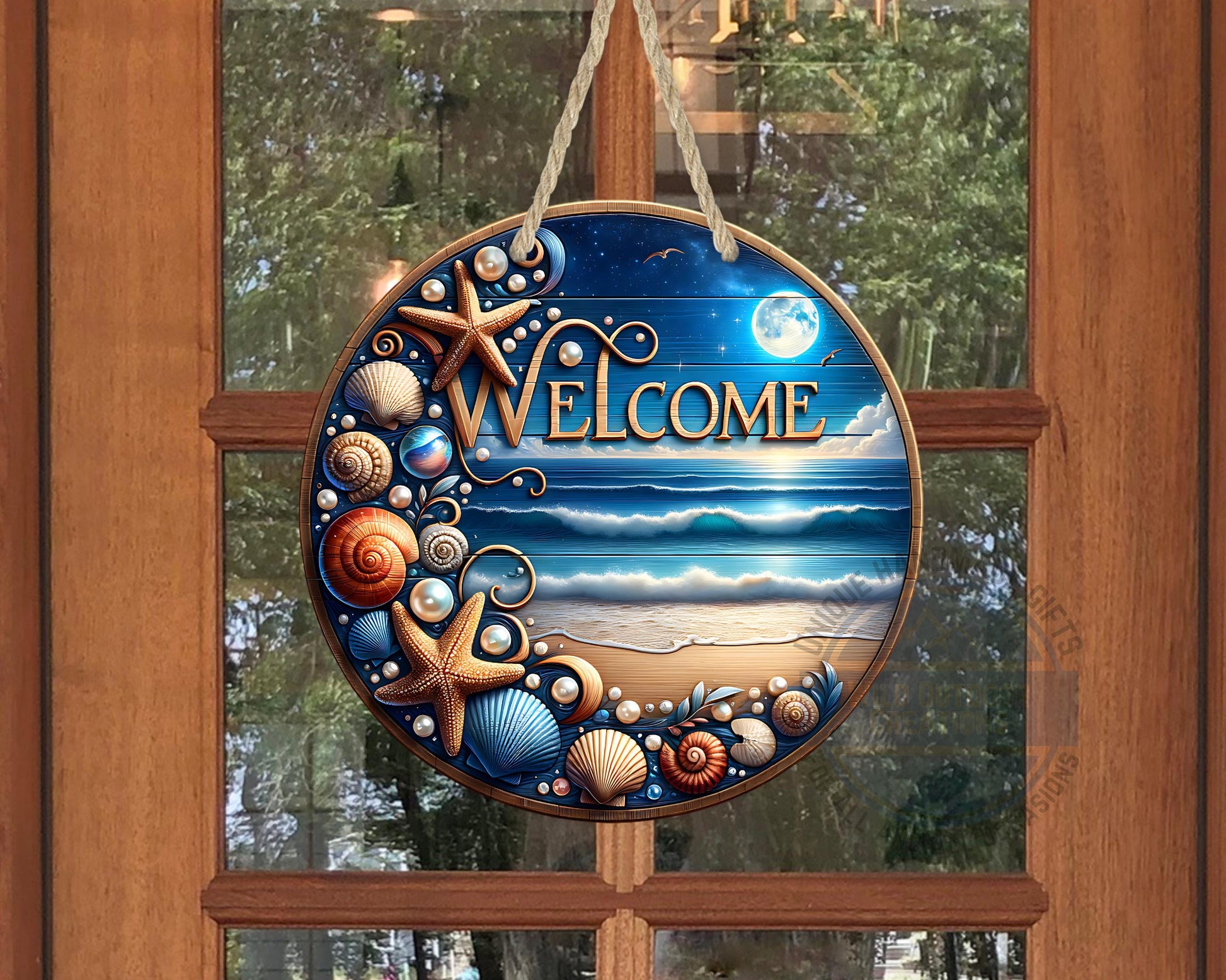 Coastal Door Sign – Nighttime Ocean View | Weather-Resistant Aluminum Outdoor Welcome - displayed on front door
