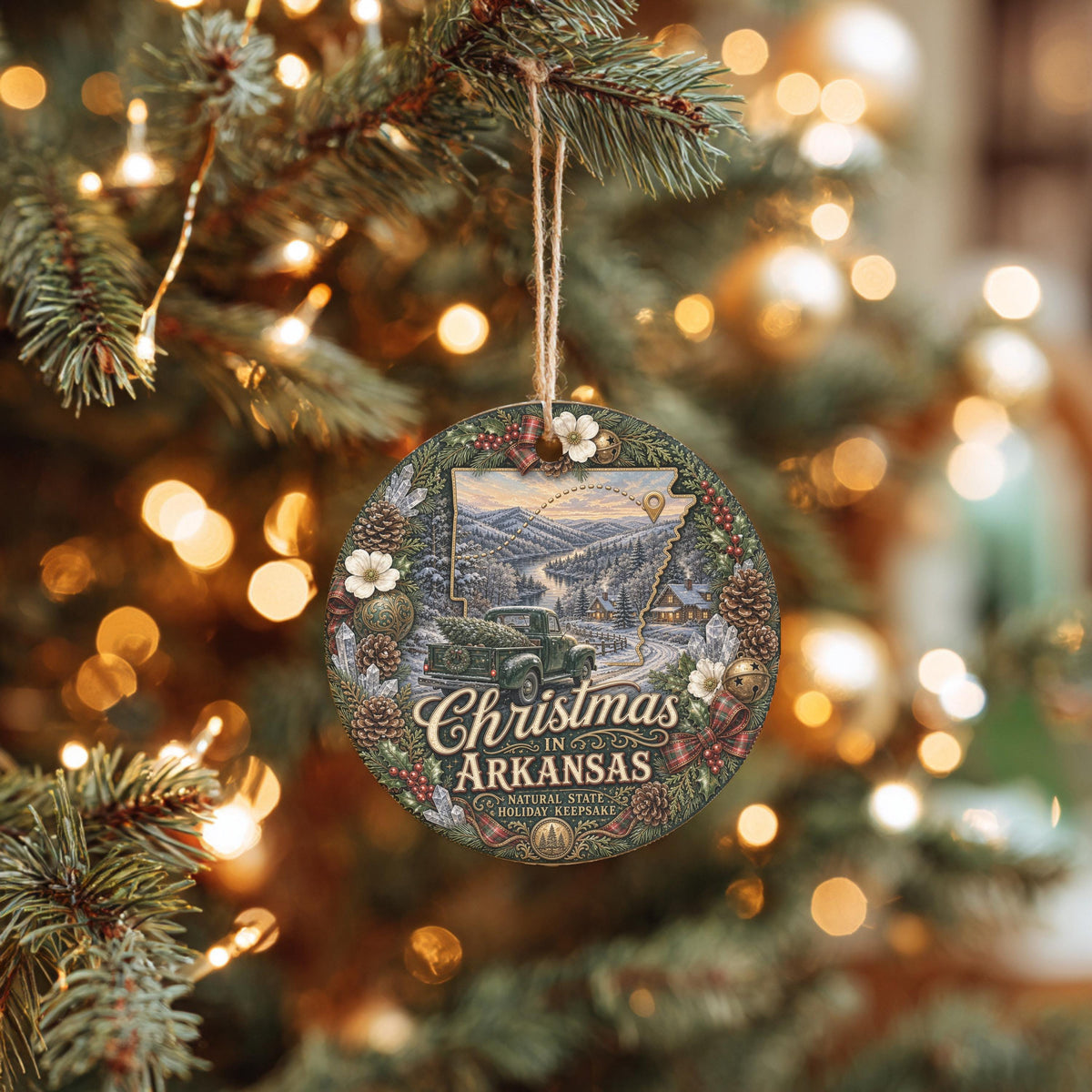 Arkansas Christmas Ornament, Vintage Truck River Ceramic Keepsake
