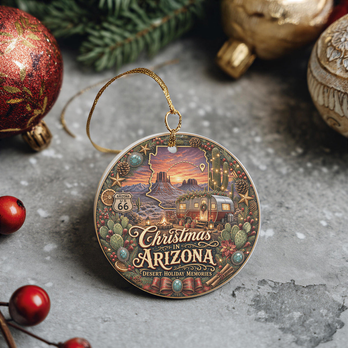 Arizona Christmas Ornament | Ceramic Keepsake | Desert Sunset Camper