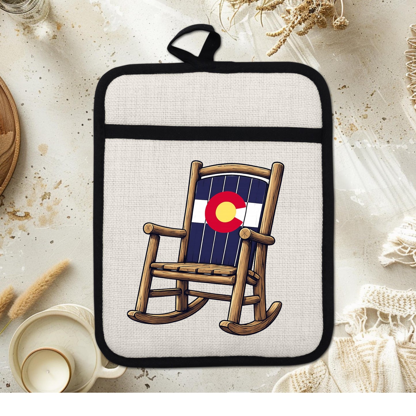 Linen Oven Mitt - Colorado Rocking Chair Pot Holder with Trivet & Heat Resistant Design - scale and size reference