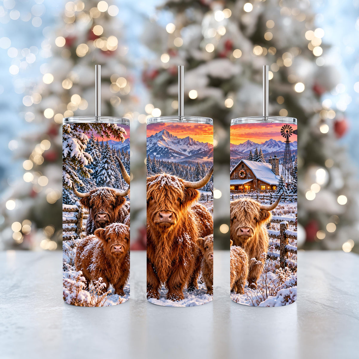 Highland Cow Cup, 20 Oz Skinny Tumbler, Snowy Mountain Cabin Gift