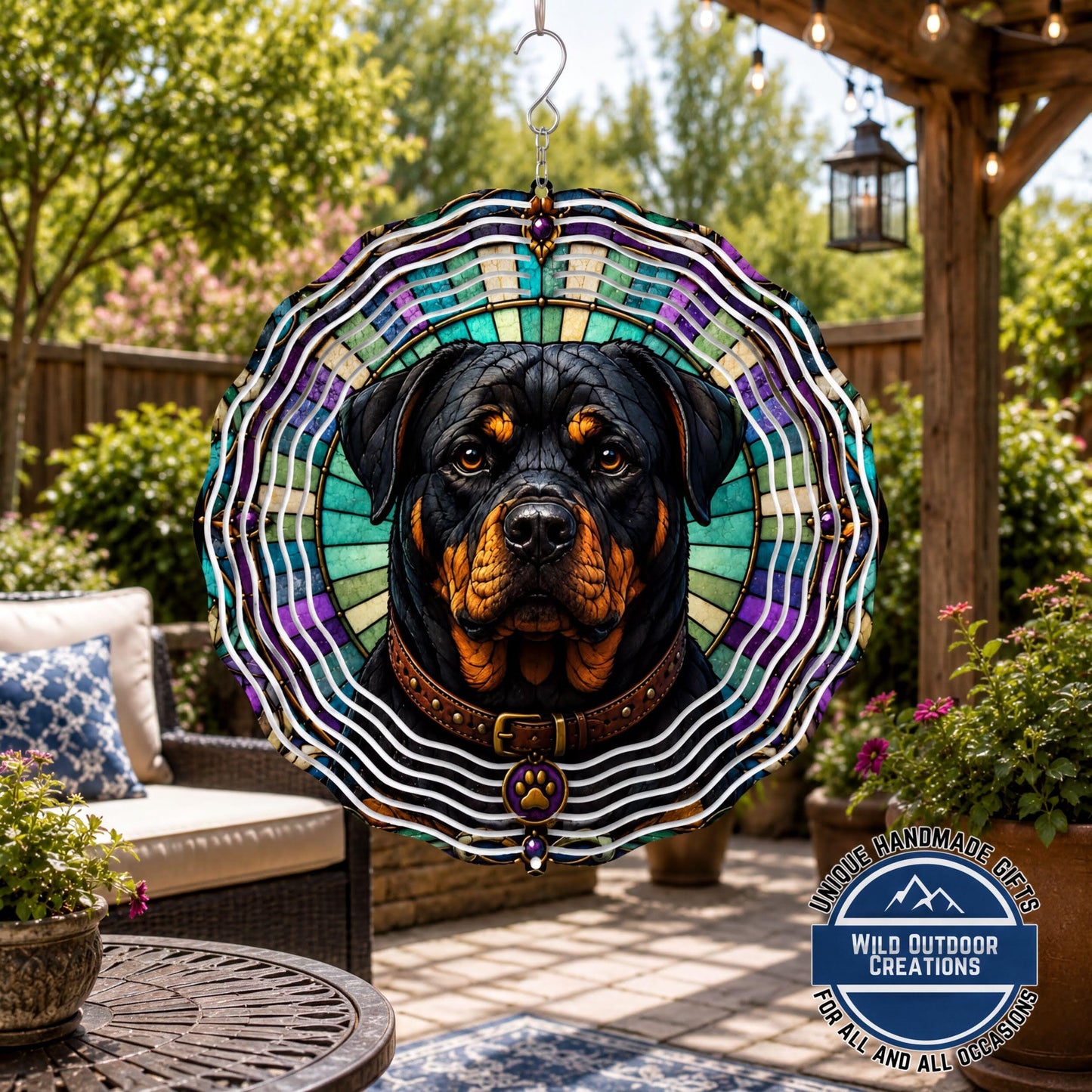Faux Stained Glass Rottweiler Wind Spinner Dog Lover Gift Garden Outdoor Decor