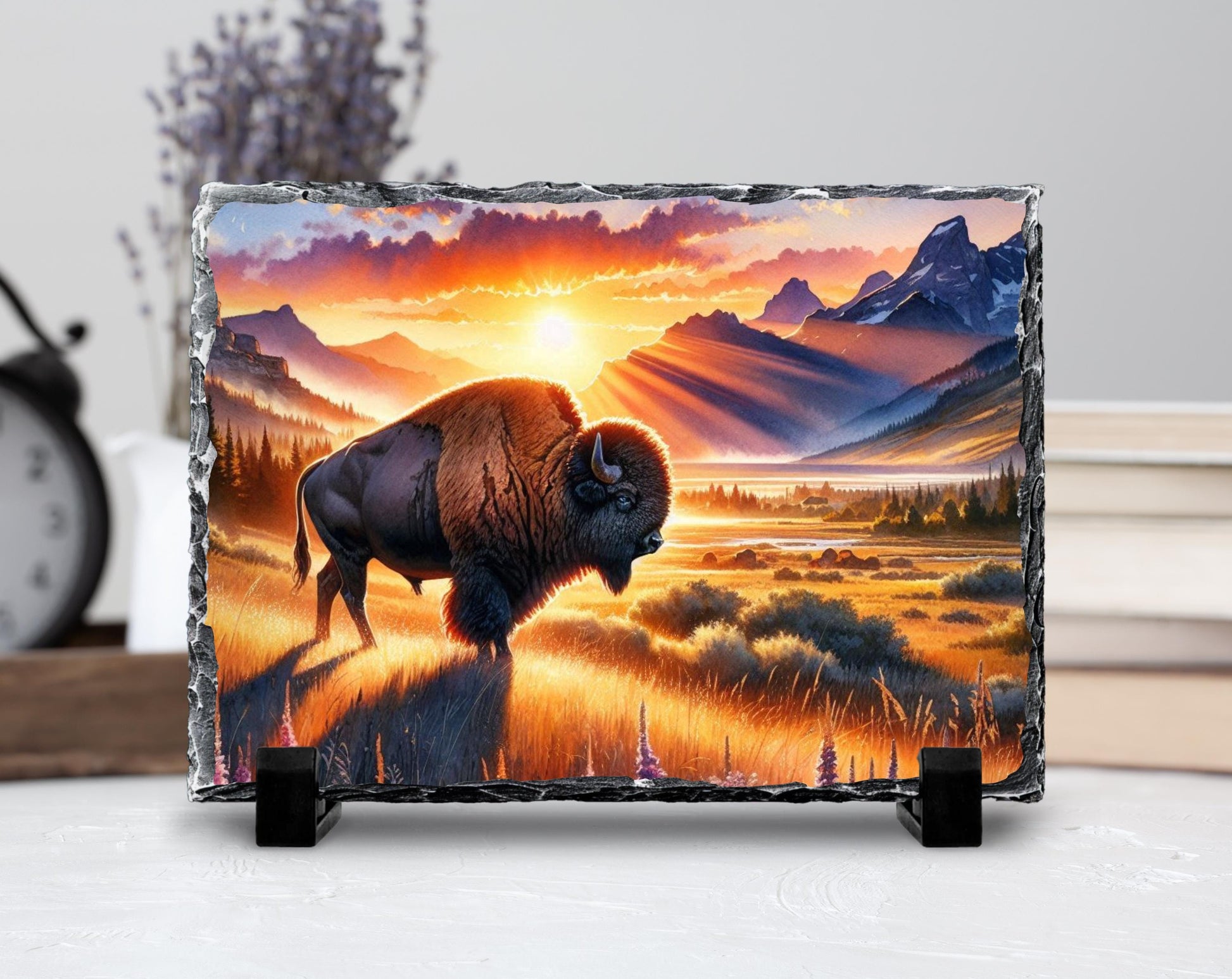 Bison Sunset Slate Sign – Rustic Buffalo Mountain Art With Fade Resistant Printing - product dimensions and specifications