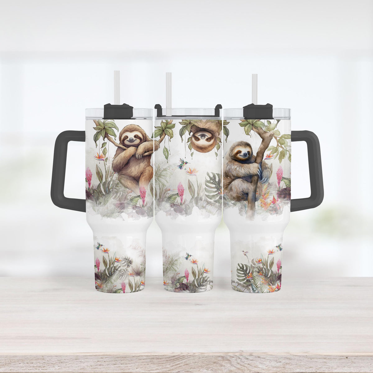 Sloth 40 Oz Tumbler With Handle, Tropical Jungle Floral Cup, Gift
