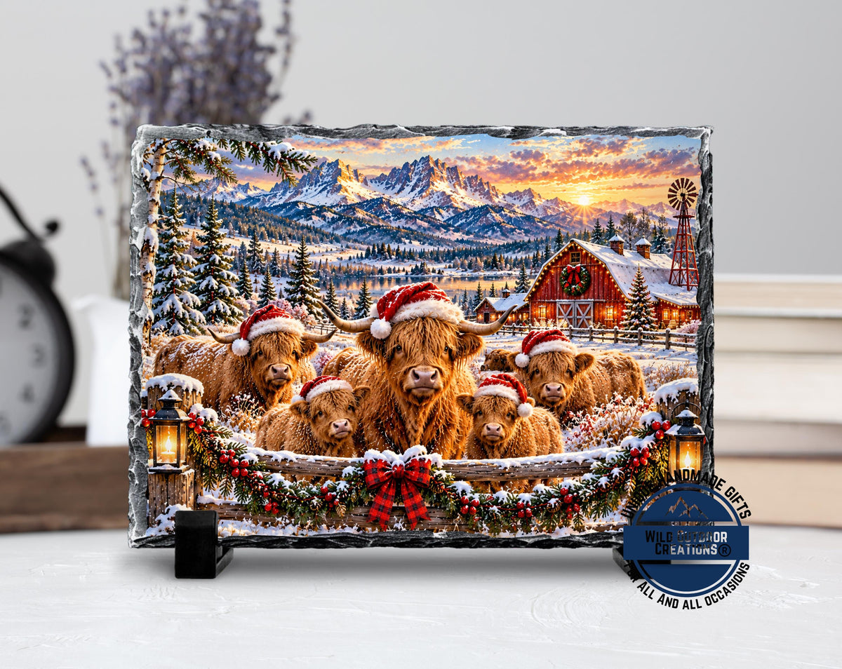 Highland Cow Decor, Christmas Slate Plaque, Santa Hat Cow Family